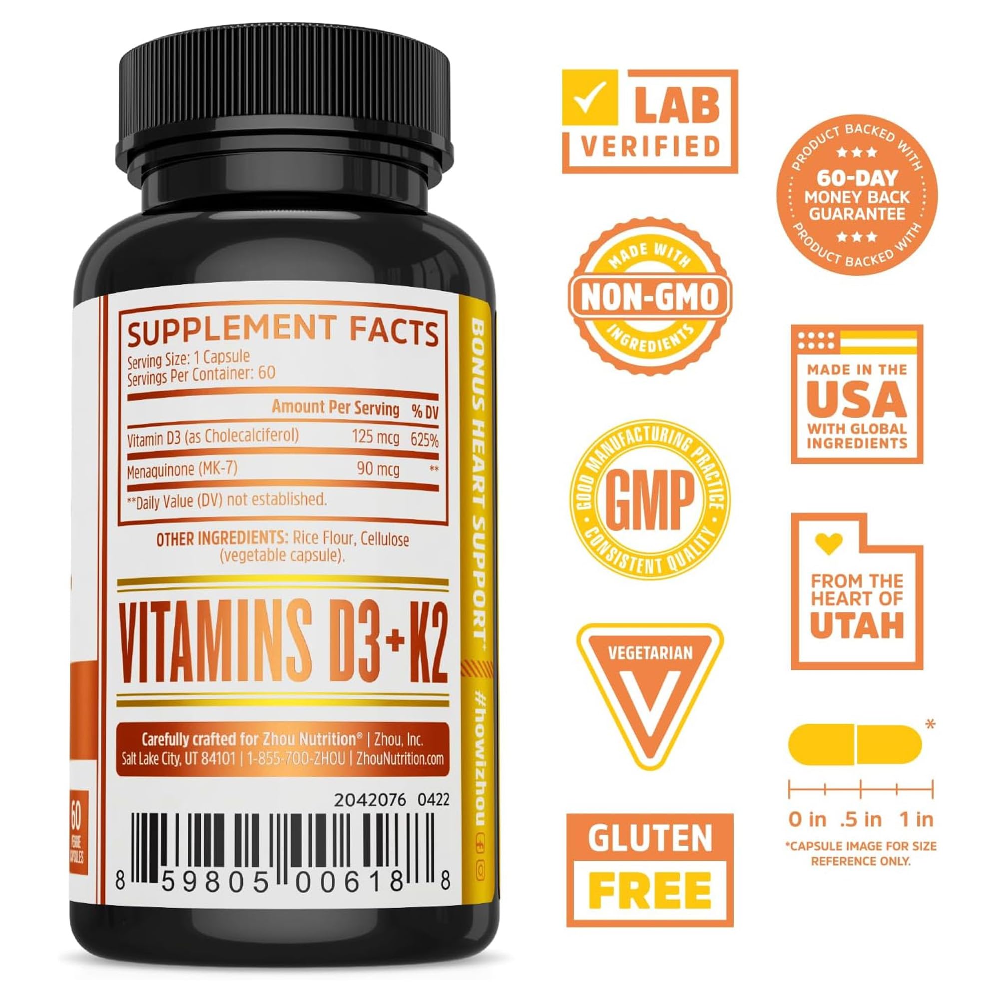 ZHOU D3+K2 capsules closeup highlighting vegan formula and texture