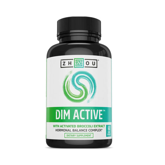 Zhou DIM Active bottle front displaying 60 vegan capsules for hormone balance.