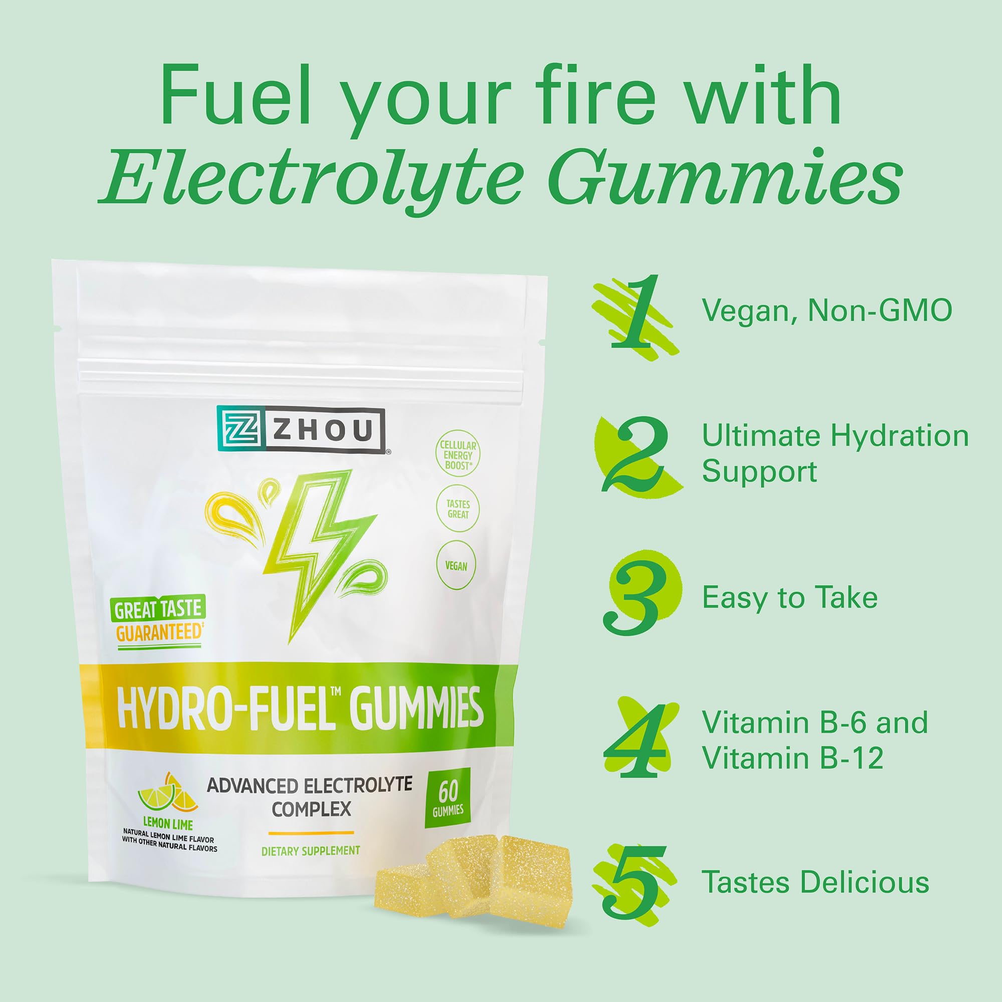 Zhou Hydro-Fuel Gummies in use with water for quick hydration and energy.