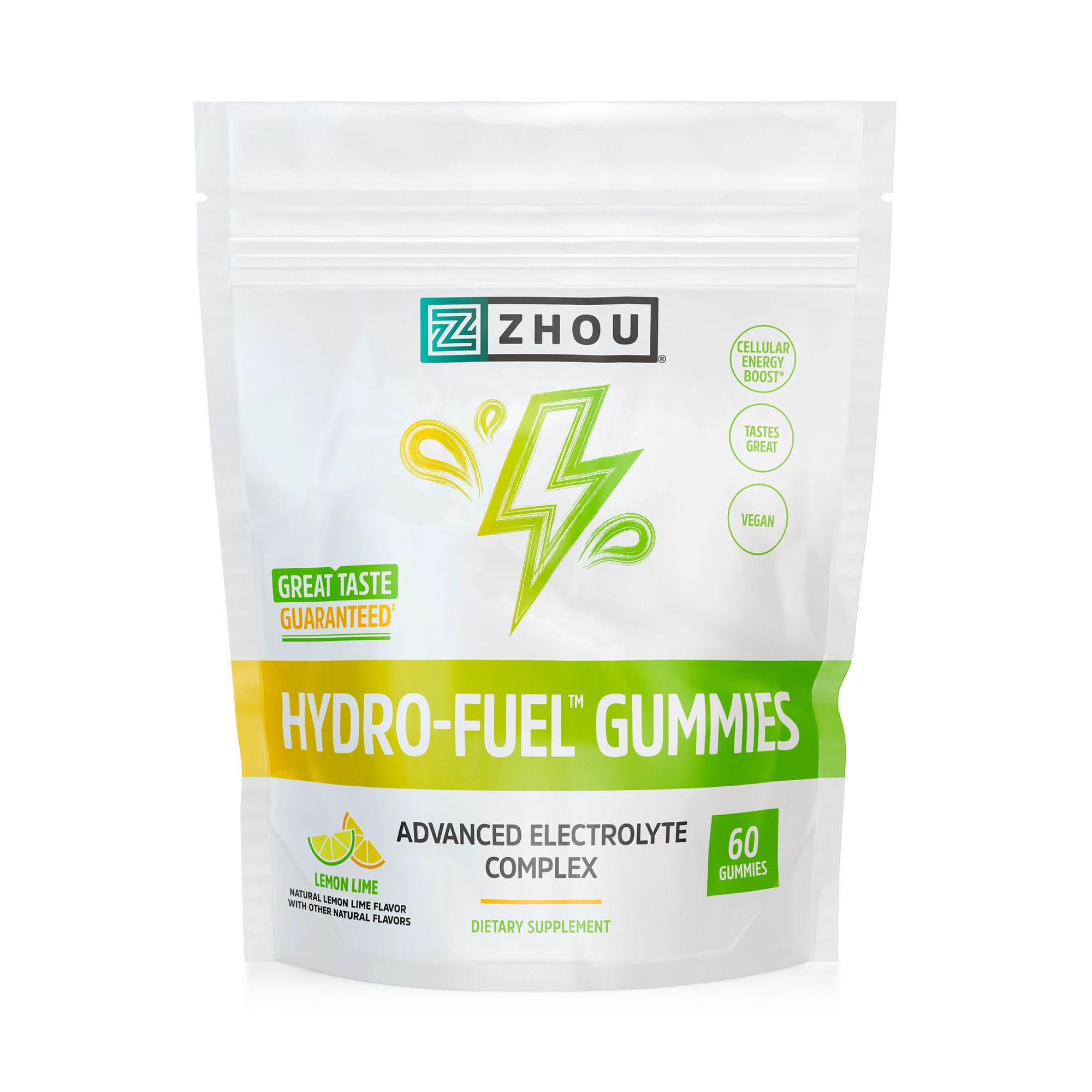 Zhou Hydro-Fuel Gummies lemon-lime bottle supports hydration and convenient on-the-go fuel.