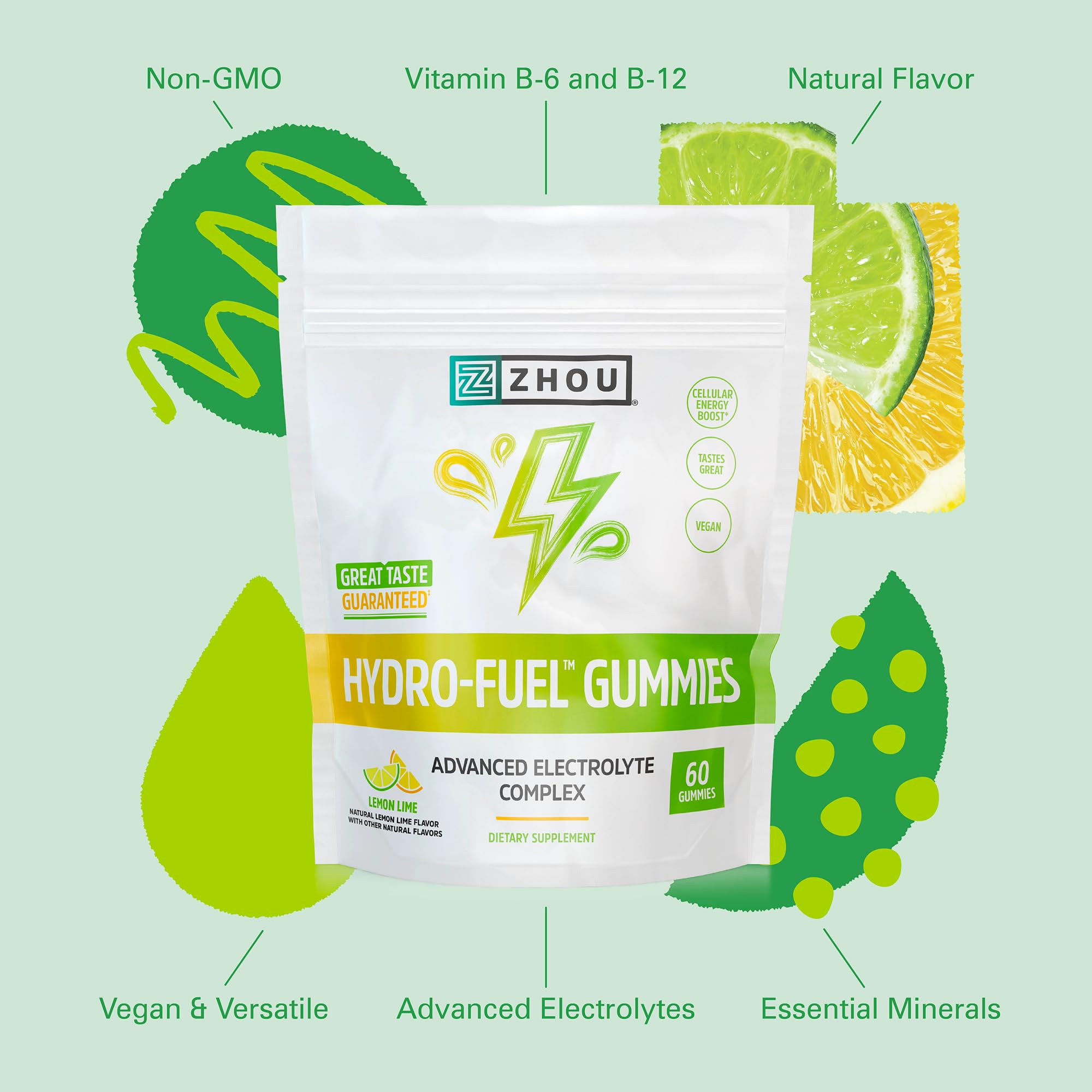 Zhou Hydro-Fuel Gummies packaging highlights vegan and caffeine-free formulation.