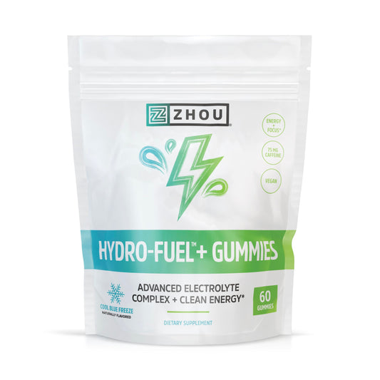 ZHOU Hydro-Fuel+ gummies packaging for on-the-go hydration.