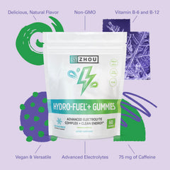 Serving scene with Zhou Hydro-Fuel+ gummies for daily energy.