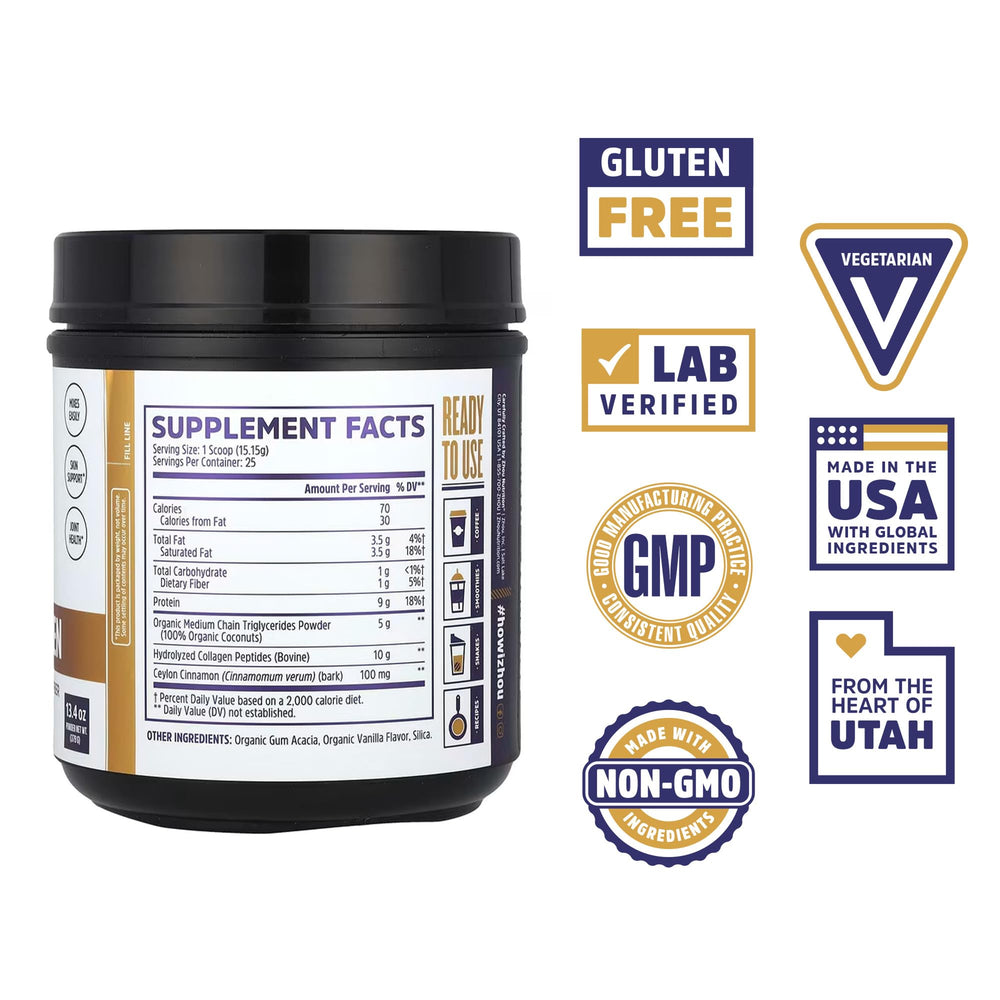 Zhou MCT Collagen powder vanilla scoop highlights convenient serving.