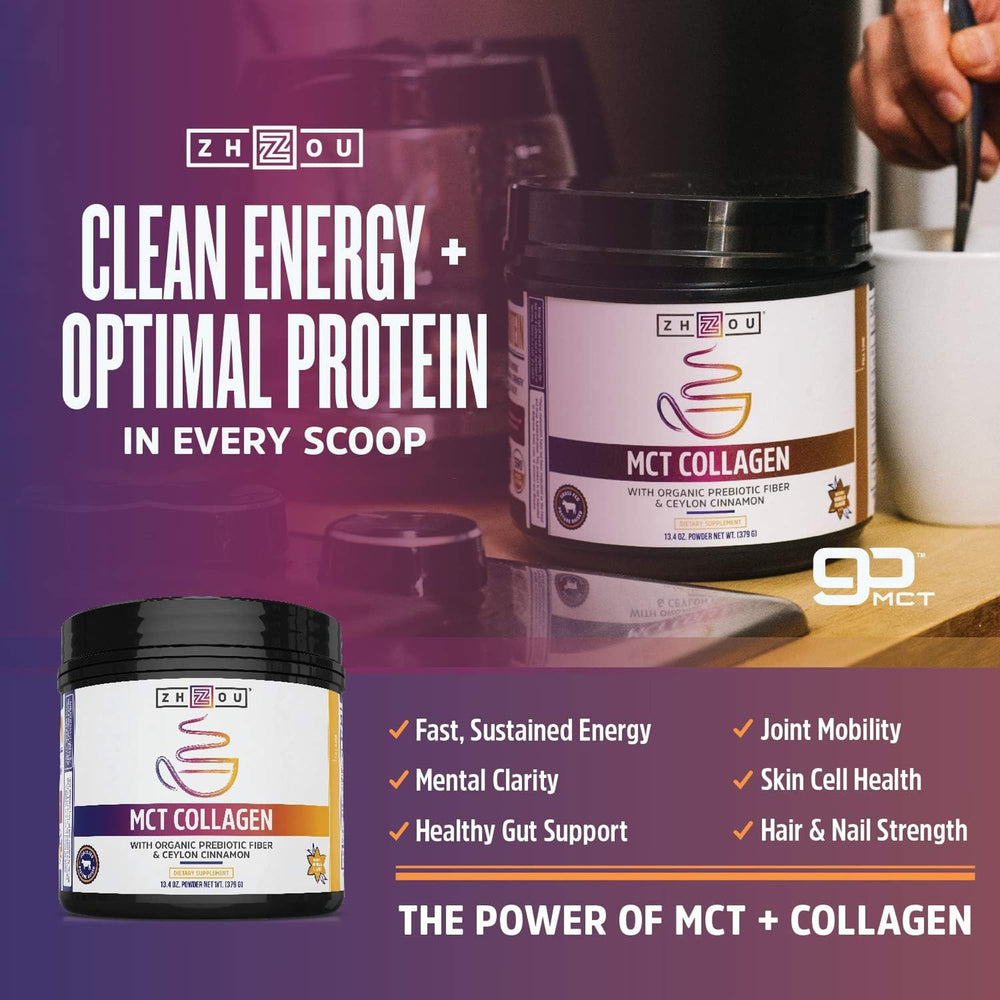 Zhou MCT Collagen powder vanilla shake glass shows easy mix for daily energy.