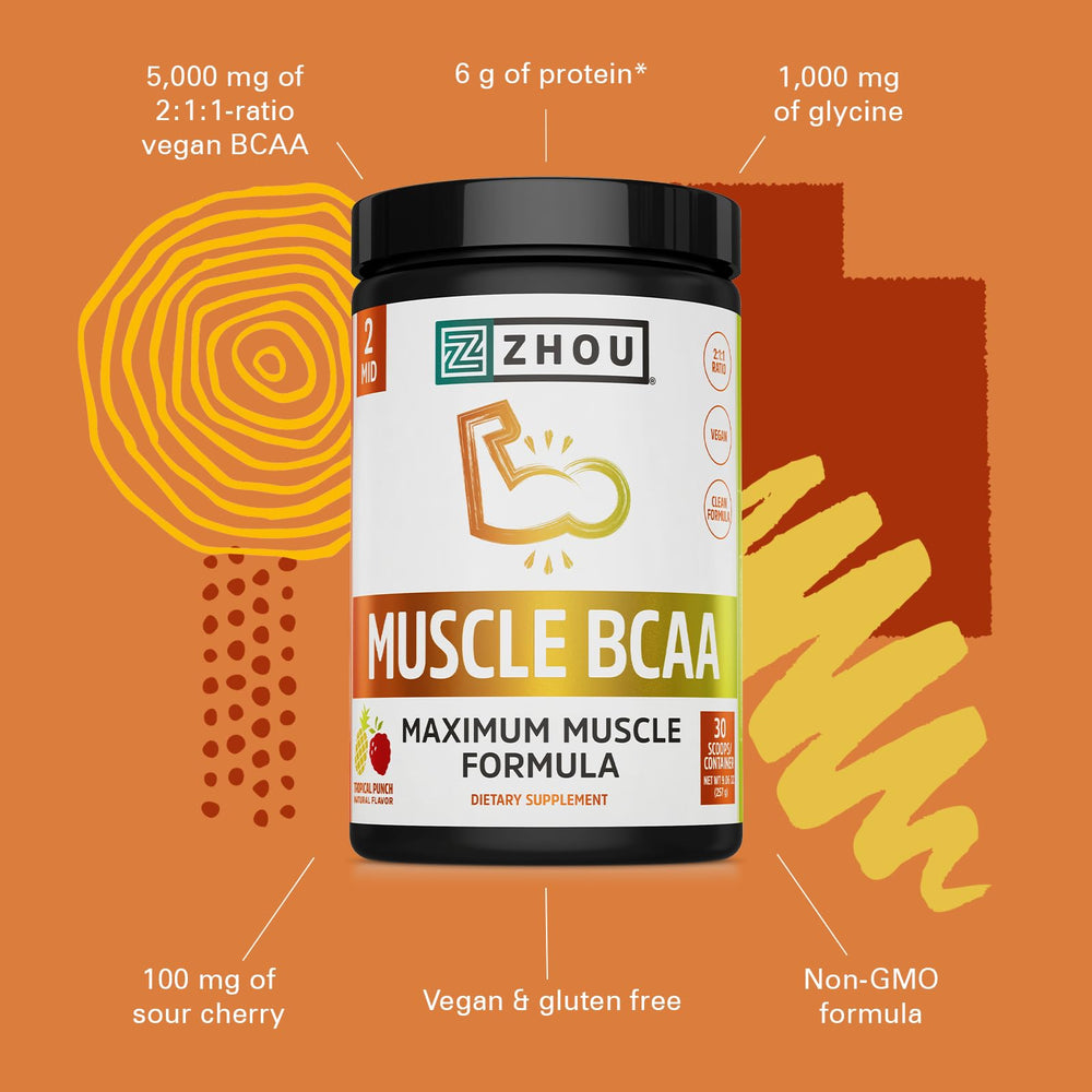 ZHOU Muscle BCAA Tropical Punch label close-up highlighting vegan formula