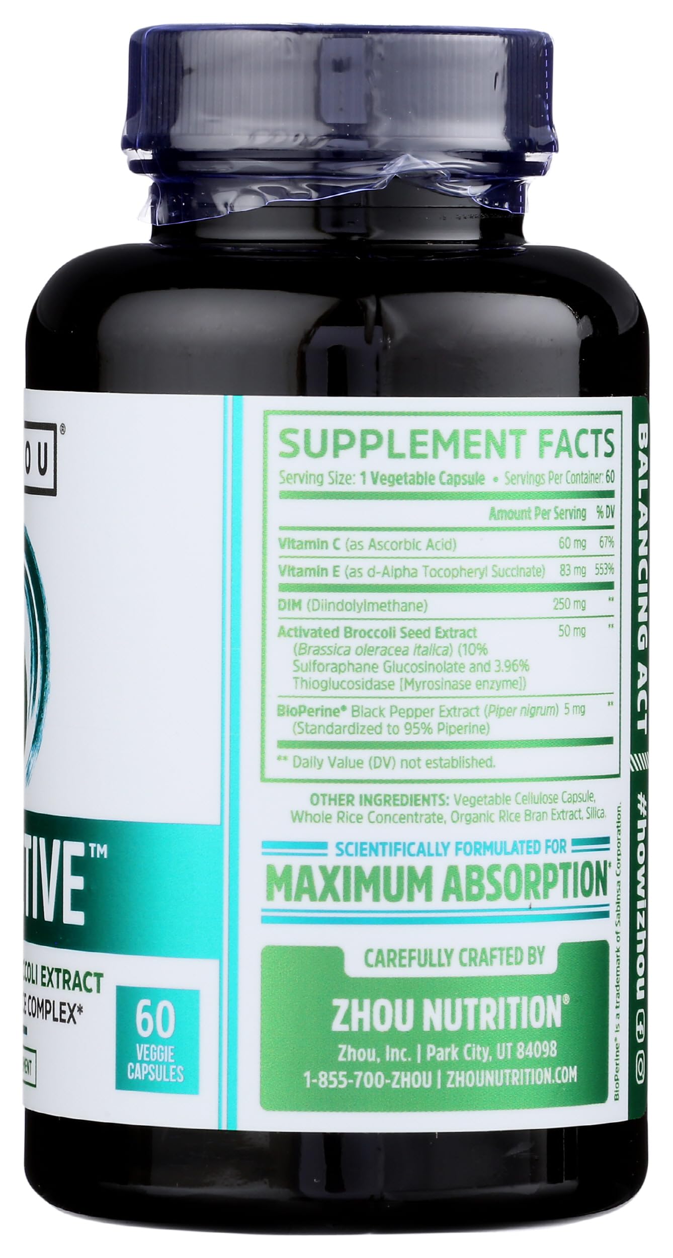 Zhou Nutrition Dim Active supplement facts label with ingredients overview.
