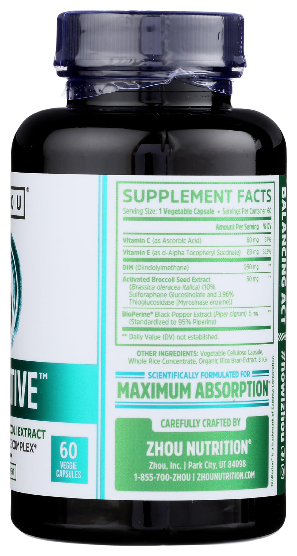 Zhou Nutrition Dim Active supplement facts label with ingredients overview.