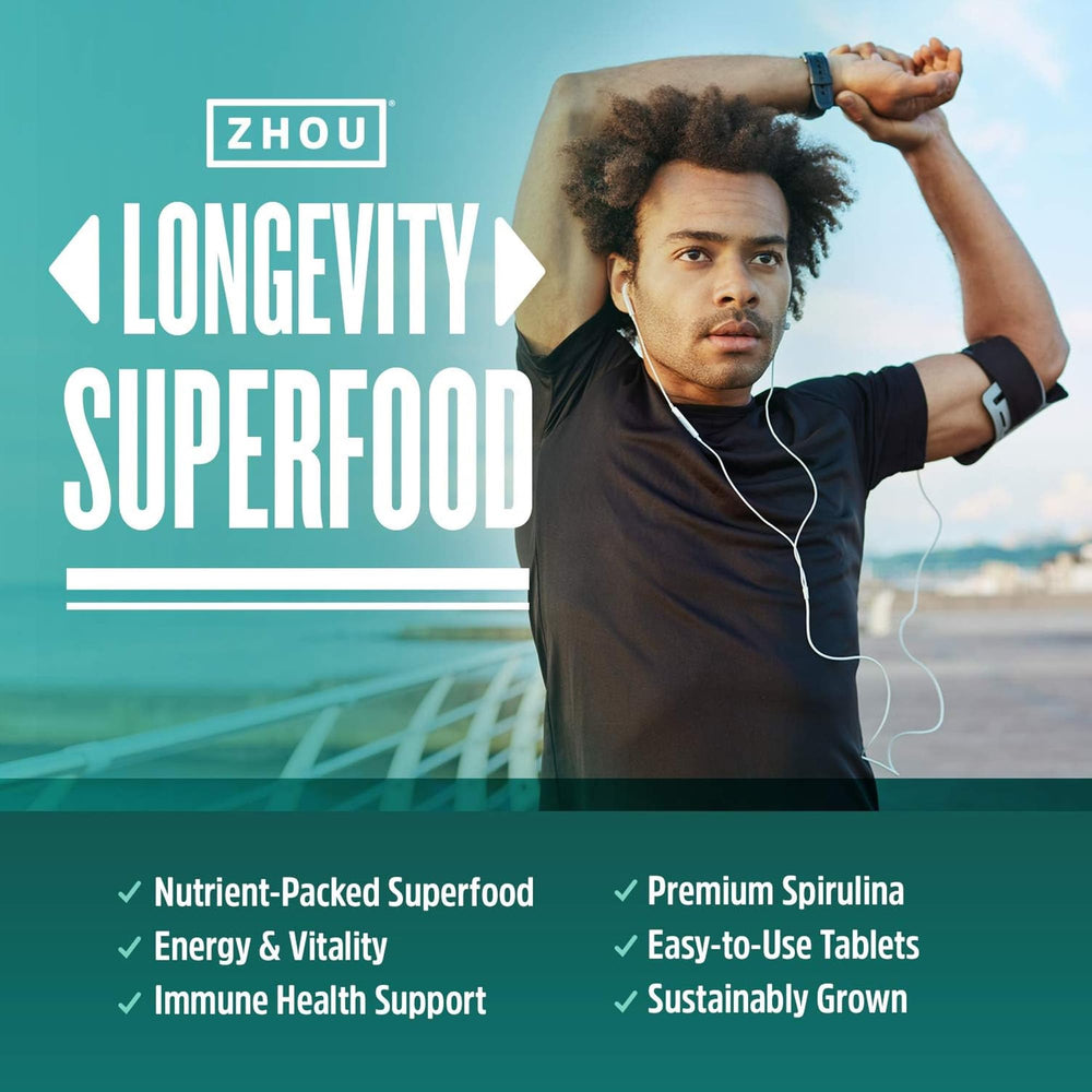 ZHOU Spirulina tablets alongside blue spiralina powder concept for cognitive support ideas.