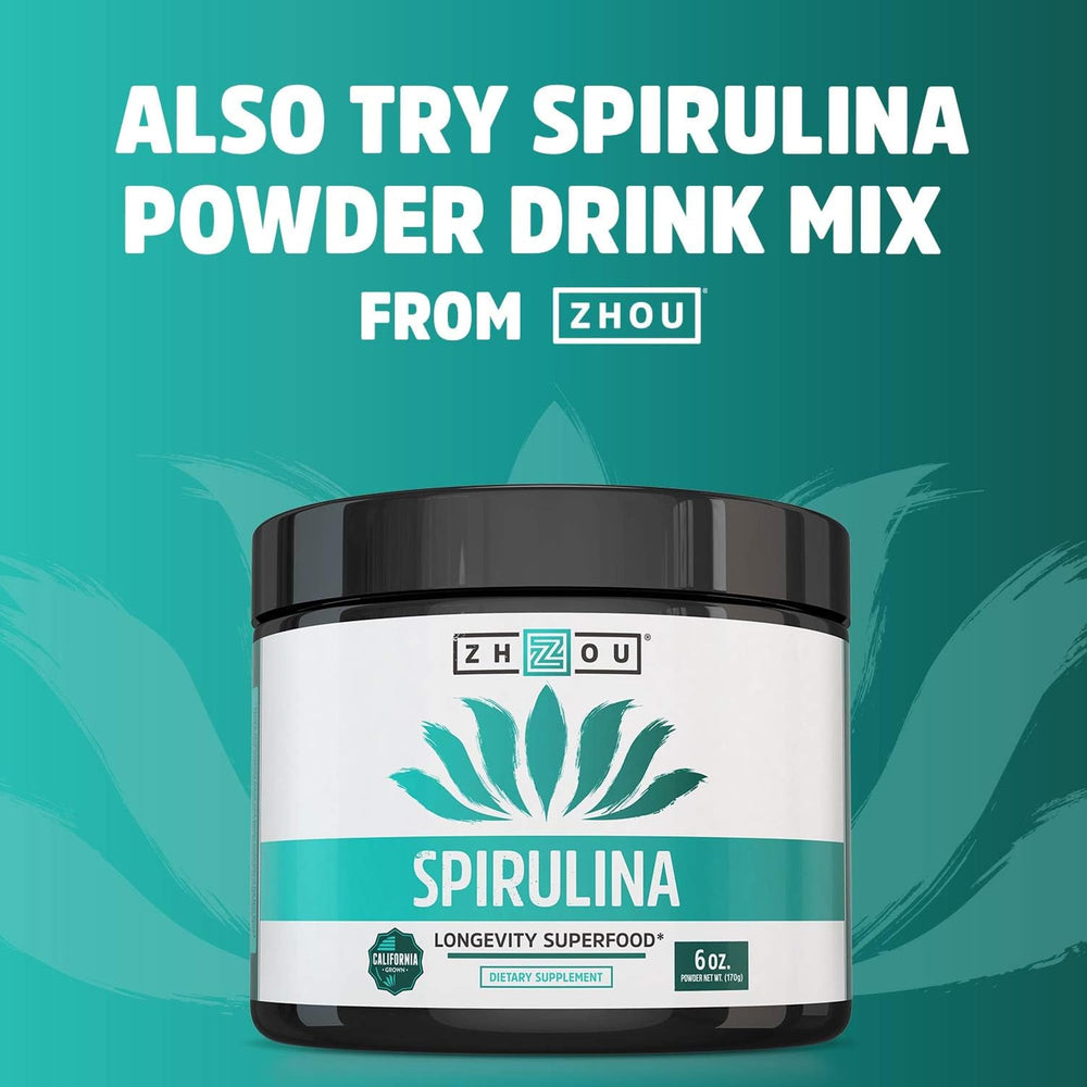 ZHOU Spirulina tablets ingredient list shows nutrient-dense greens.