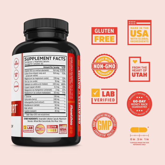 ZHOU Thyroid Support ingredients show bladderwrack and ashwagandha for balance.
