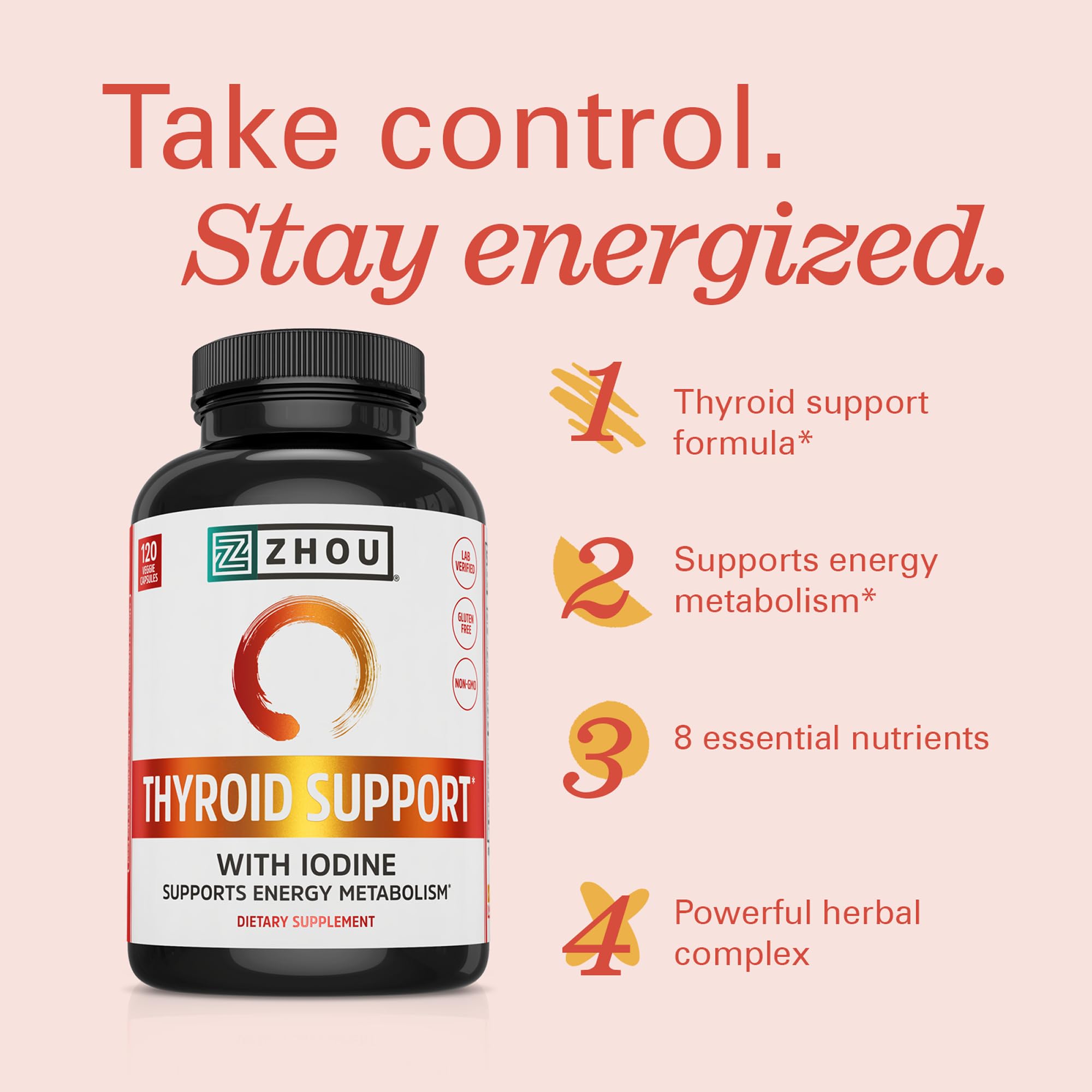ZHOU Thyroid Support label highlights 169 mcg iodine for thyroid balance.