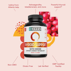 ZHOU Thyroid Support 120 veggie capsules for vegetarian, gluten-free use.