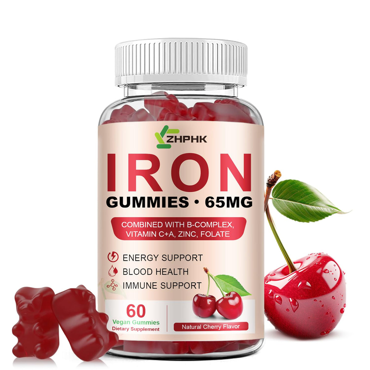 ZHPHK Cherry Iron Gummies bottle offers a tasty daily energy support option