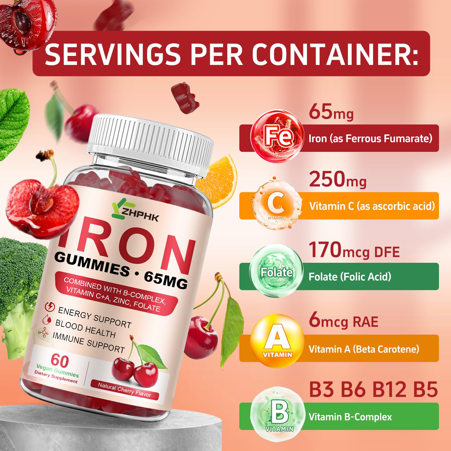 ZHPHK Iron Gummies for kids encourage daily supplement routines with a delicious taste