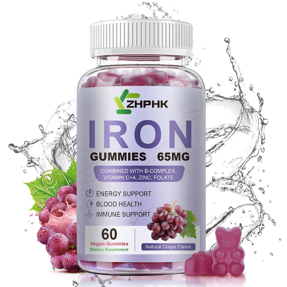 Bottle of ZHPHK iron gummies promoting energy support and immune health