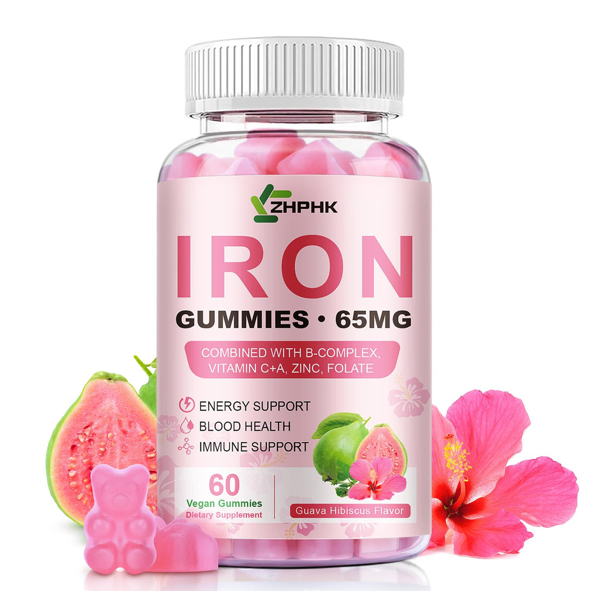 ZHPHK Iron Gummies bottle emphasizes daily energy support with iron and vitamin C.