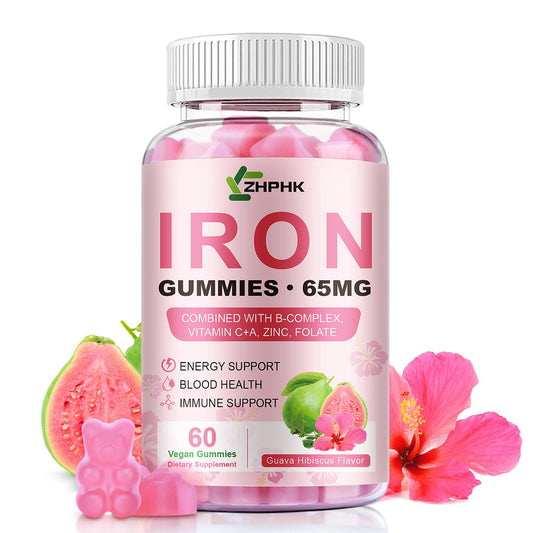 ZHPHK Iron Gummies bottle emphasizes daily energy support with iron and vitamin C.