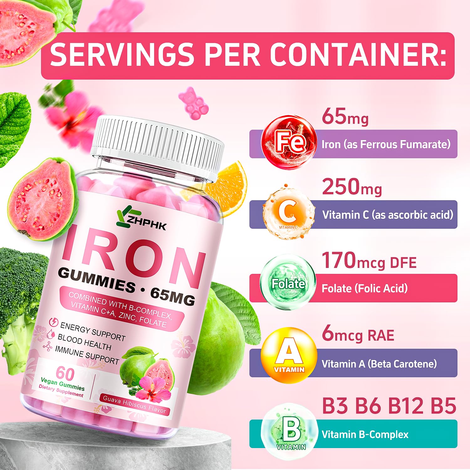 ZHPHK iron gummies label displays 65 mg iron per serving.