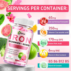 ZHPHK iron gummies label displays 65 mg iron per serving.
