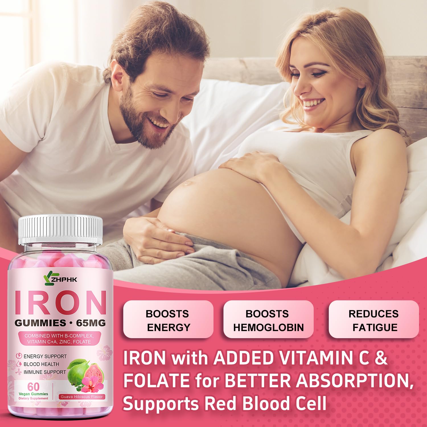 ZHPHK Iron Gummies non-GMO and gluten-free label ensures clean ingredients.