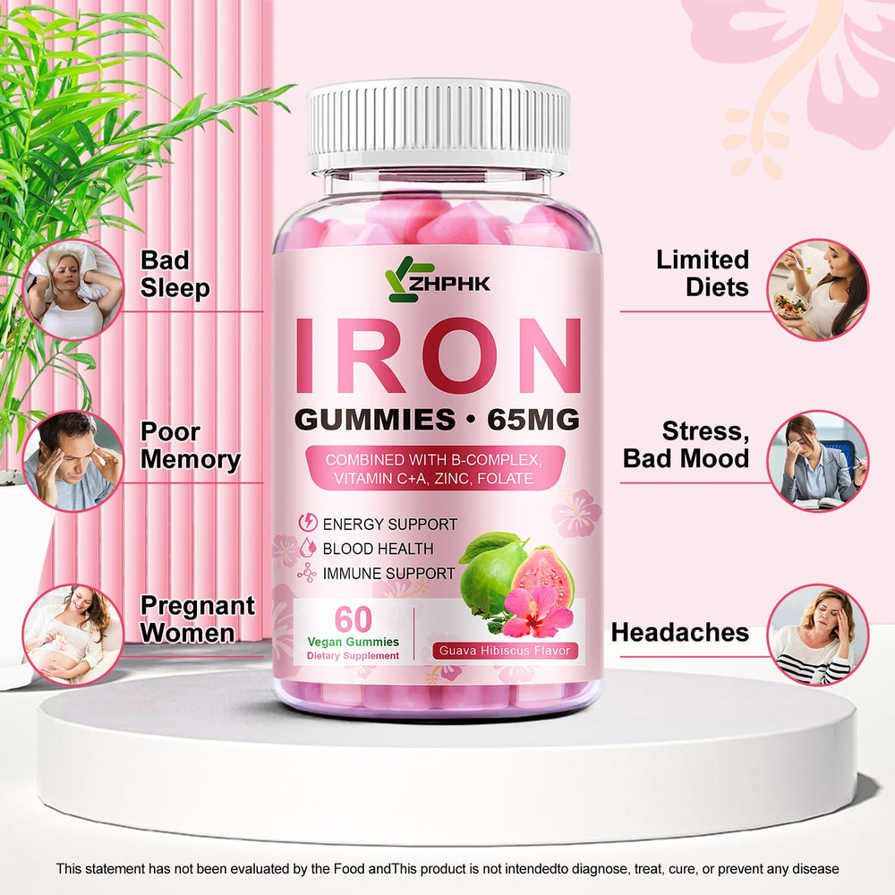 ZHPHK iron gummies gluten-free badge indicates safe for gluten-free diets.