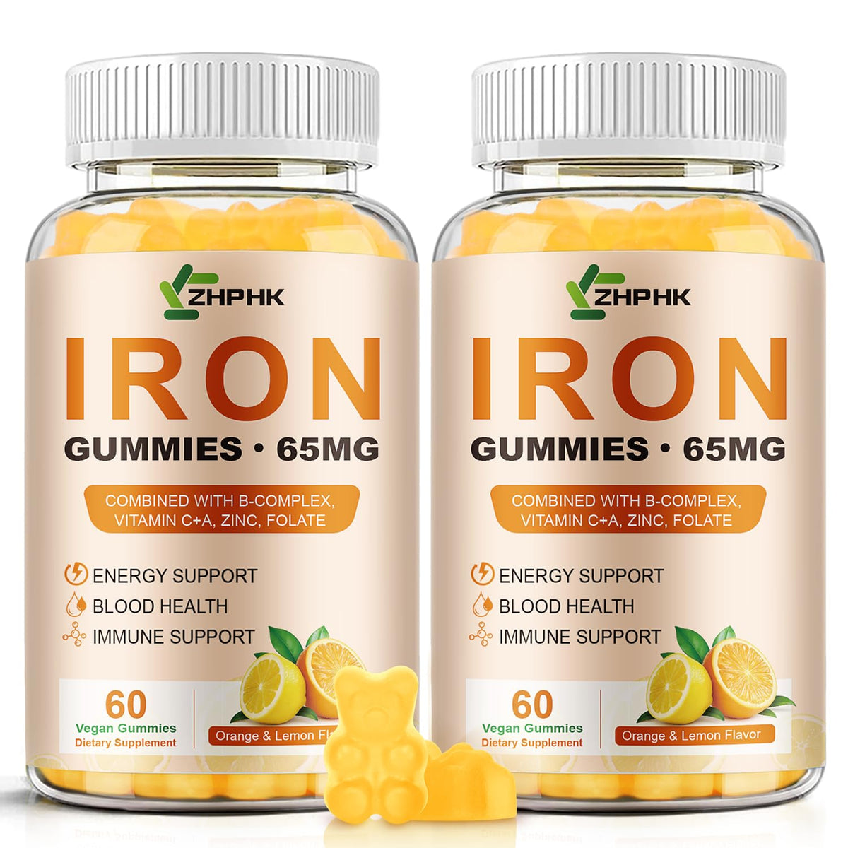 ZHPHK Iron Gummies bottle close-up highlighting 65 mg iron and 250 mg vitamin C.
