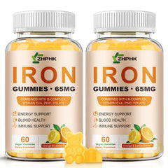 ZHPHK Iron Gummies bottle close-up highlighting 65 mg iron and 250 mg vitamin C.