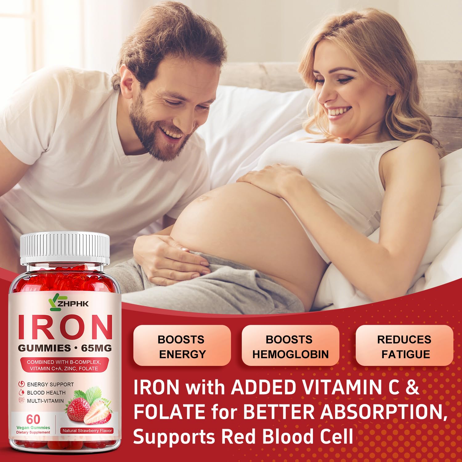 ZHPHK Iron Gummies packaging highlights suitability for adults and kids.