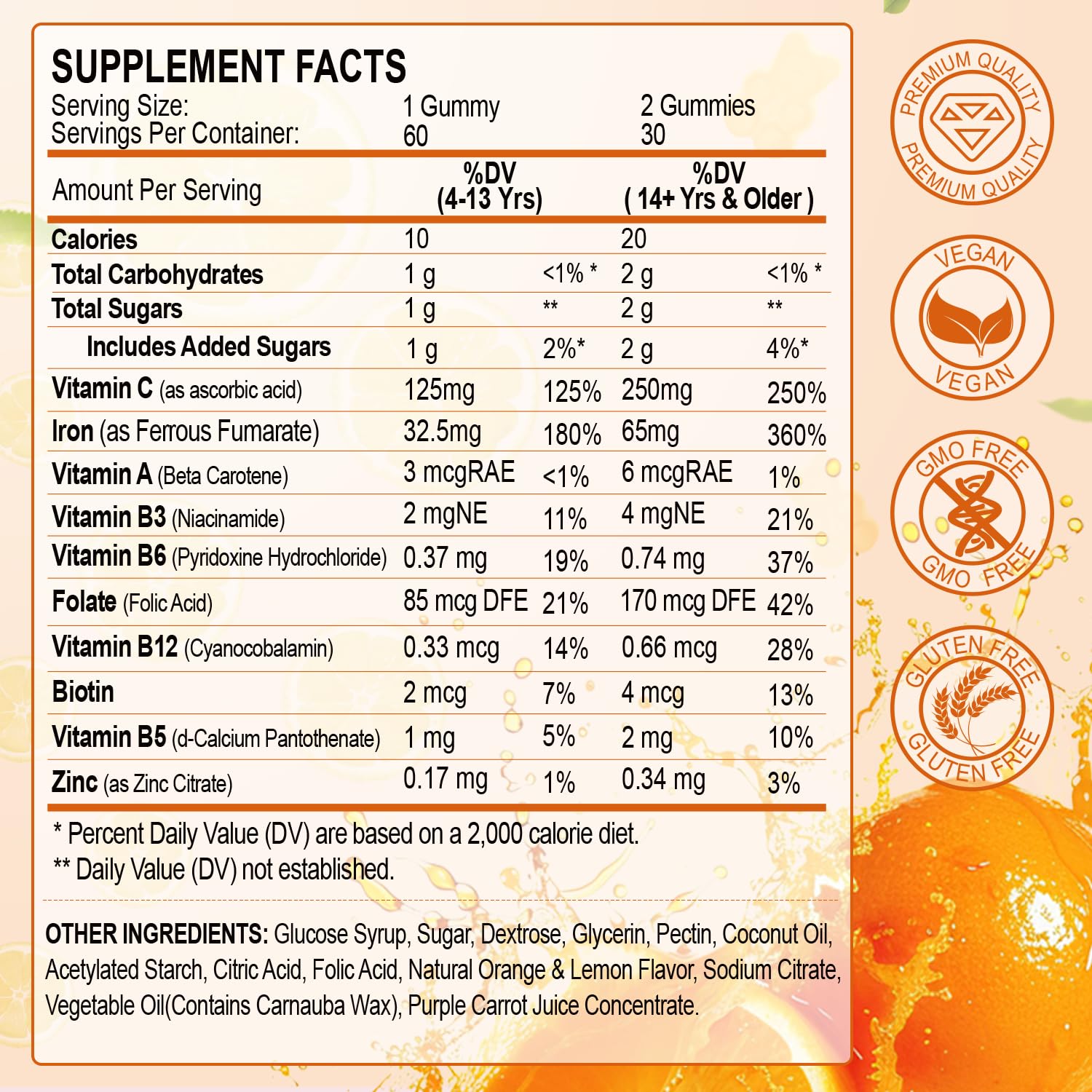 ZHPHK Iron Gummies orange lemon flavor for daily iron support.