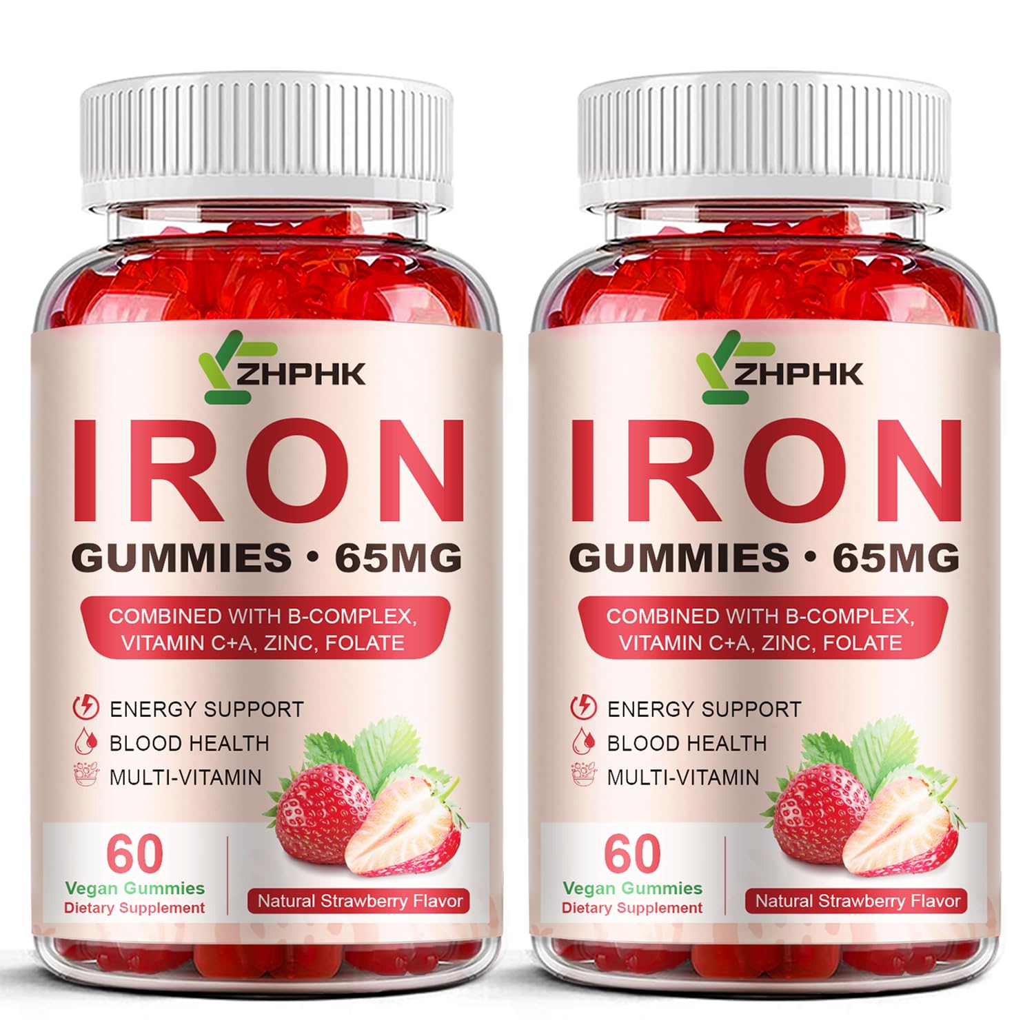 ZHPHK Iron Gummies bottle in strawberry flavor for daily iron support.