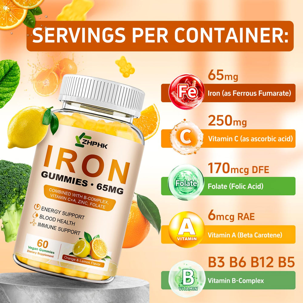 ZHPHK Iron Gummies with zinc and folic acid for balanced nutrition.