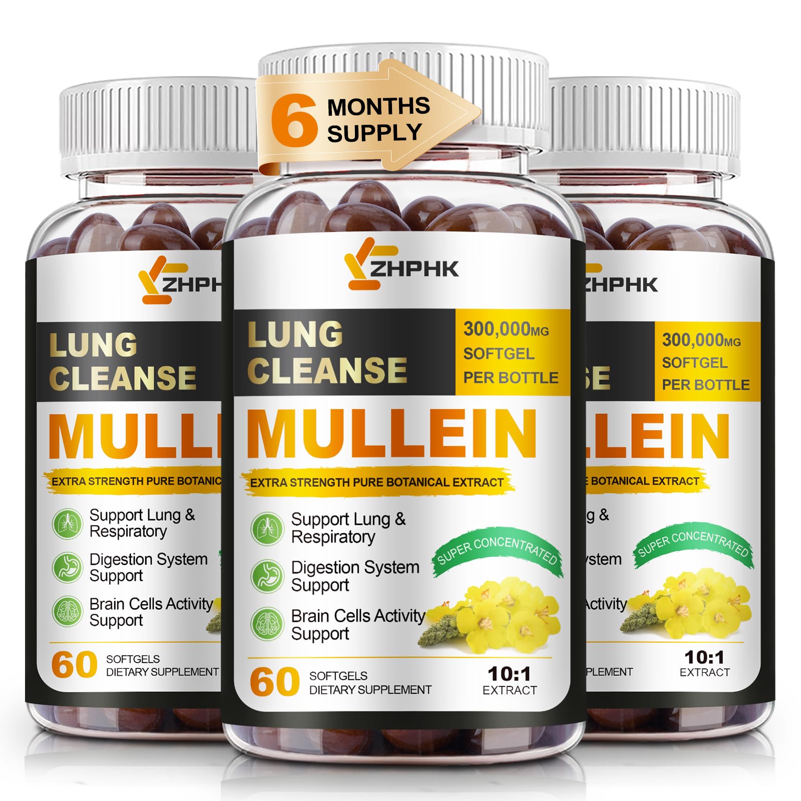 ZHPHK Mullein Leaf Extract bottle showing 10:1 extract for potential respiratory support