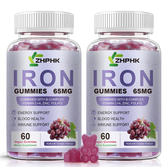 ZHPHK vegan iron supplement bottle with grape gummies for daily support