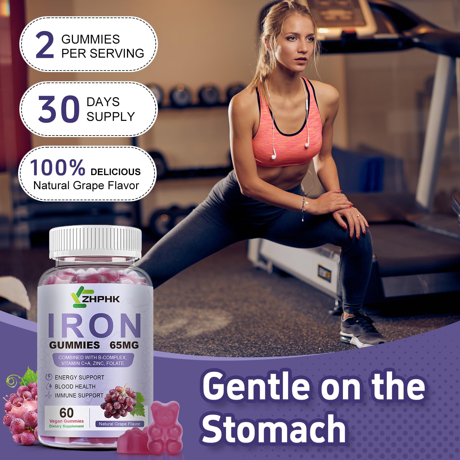 ZHPHK vegan iron supplement serving size information on the bottle label