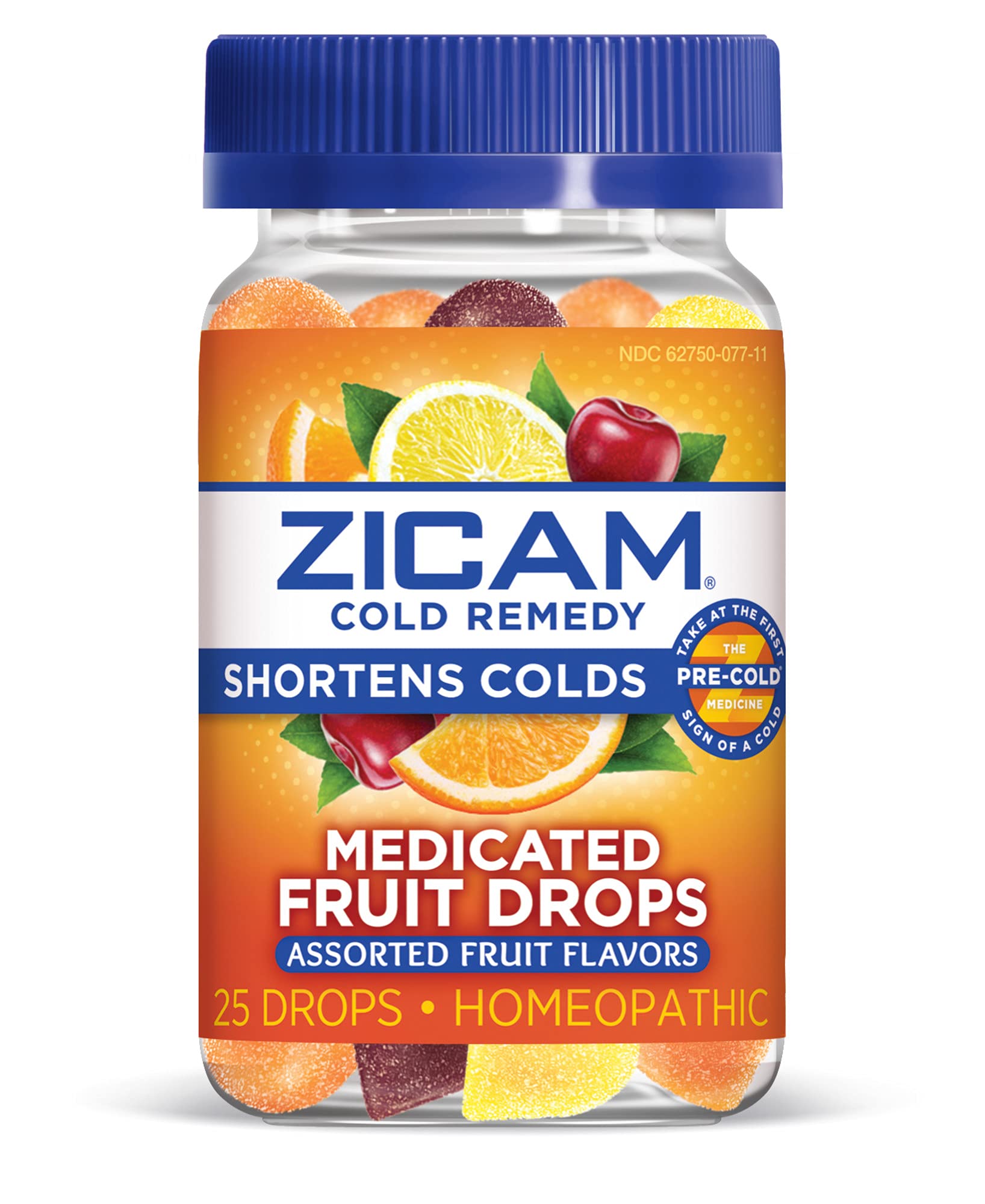Zicam Cold Remedy Zinc Fruit Drops bottle showing assorted fruit flavors for early cold support.