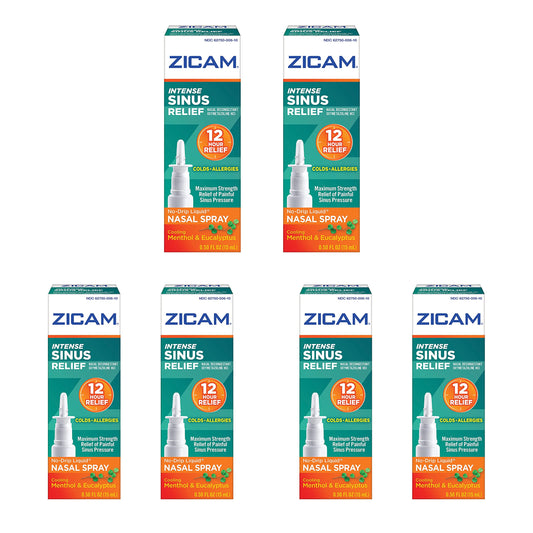 Zicam Intense Sinus Relief bottle with no-drip design for quick nasal comfort.