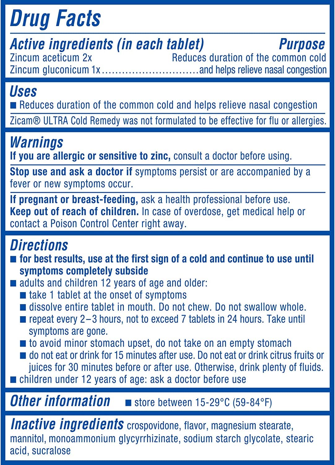 Zicam orange-cream rapidmelts label emphasizing non-drowsy, sugar-free formula