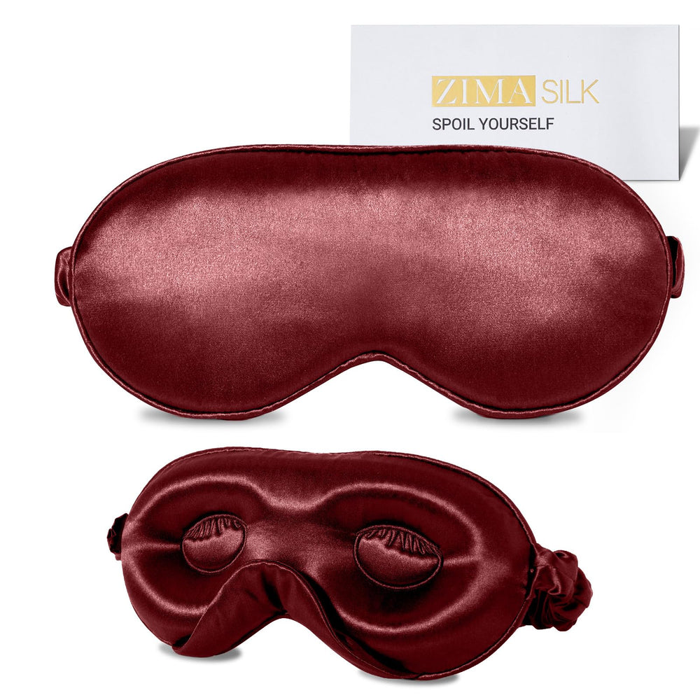 ZIMASILK burgundy silk sleep mask offers soft, breathable comfort for nightly use.