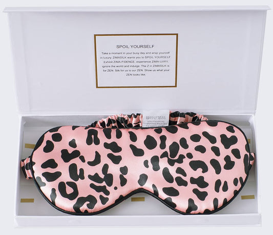 ZIMASILK leopard-black-pink sleep mask blocks light for deep rest.