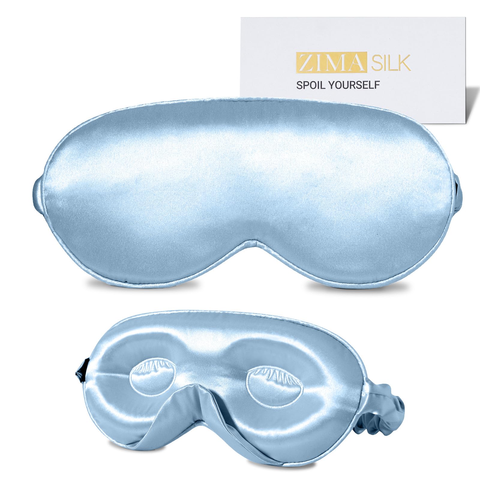 ZIMASILK sky-blue silk sleep mask with 3D contour for comfortable, dark sleep.
