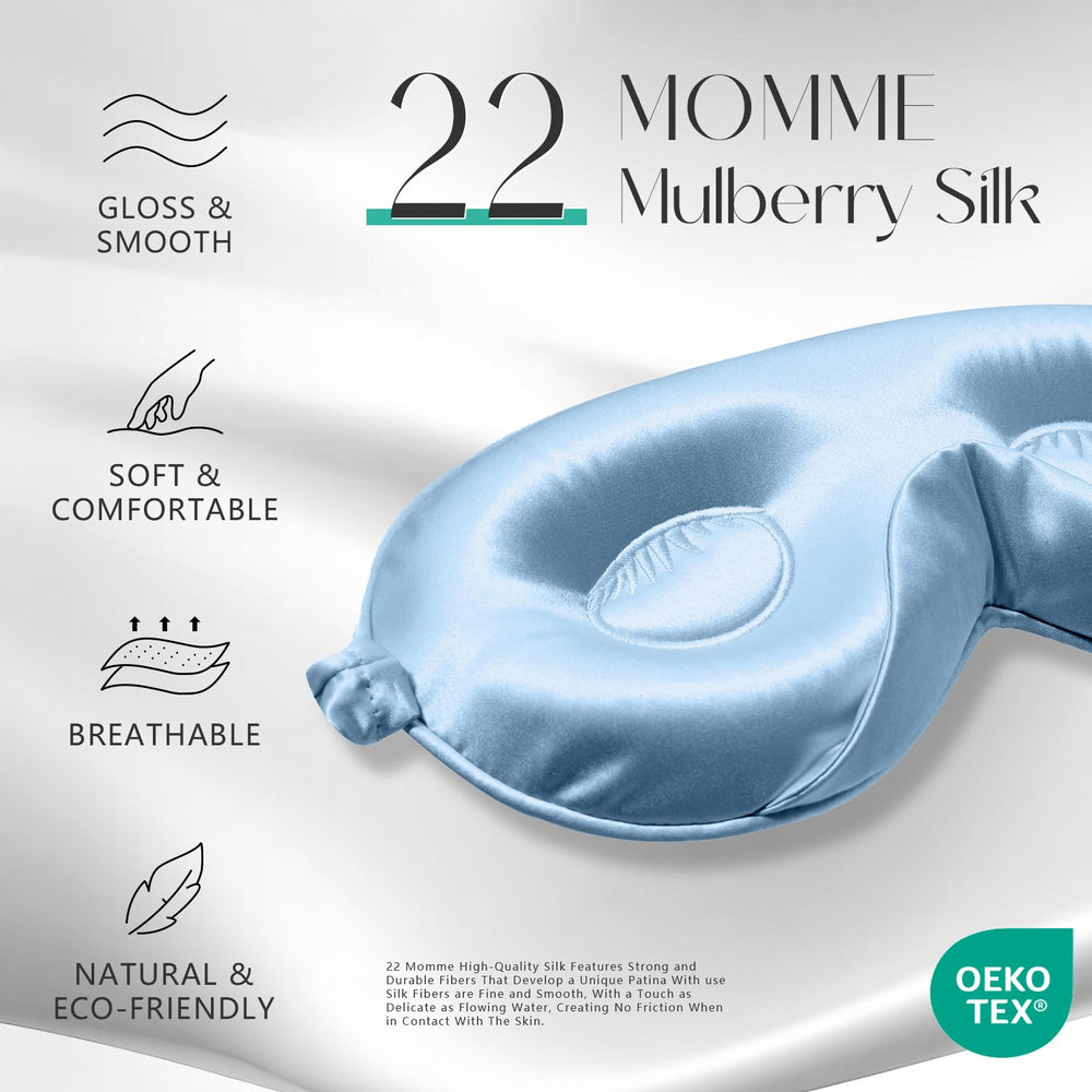 ZIMASILK sky-blue silk sleep mask with nose-wing design to block light.