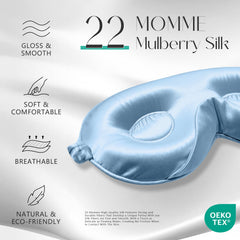 ZIMASILK sky-blue silk sleep mask with nose-wing design to block light.