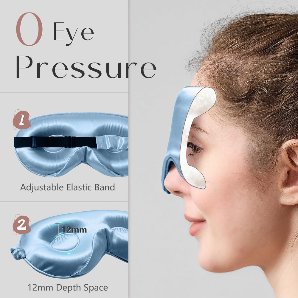ZIMASILK sky-blue silk sleep mask showing breathable fabric for cool wear.