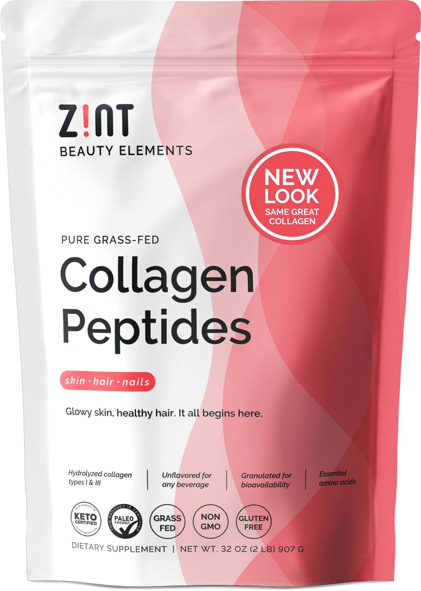 Zint Collagen Peptides bottle shows 32 oz grass-fed formula for skin and joints.