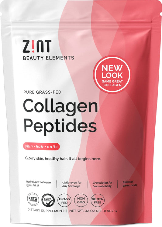 Zint Collagen Peptides bottle shows 32 oz grass-fed formula for skin and joints.