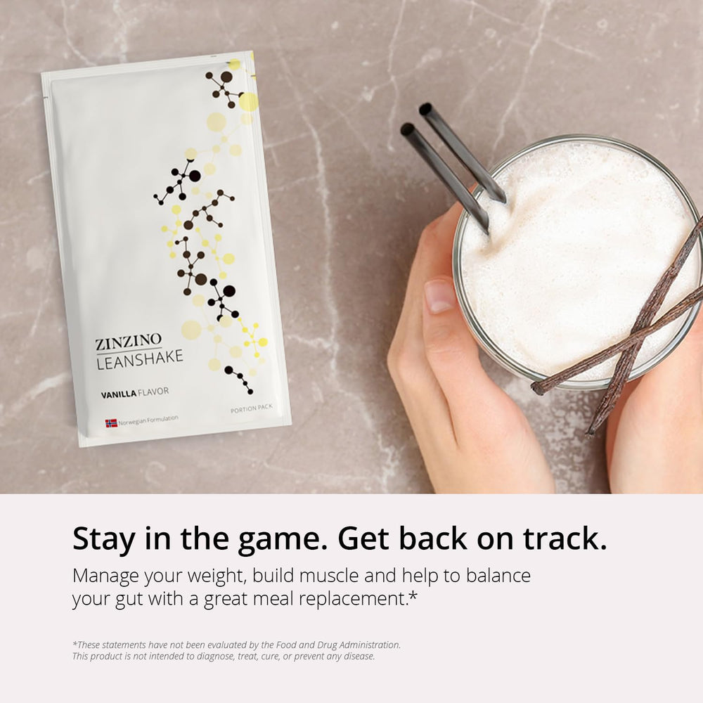 ZINZINO LeanShake Vanilla bottle on counter, ready for a convenient daily protein boost.