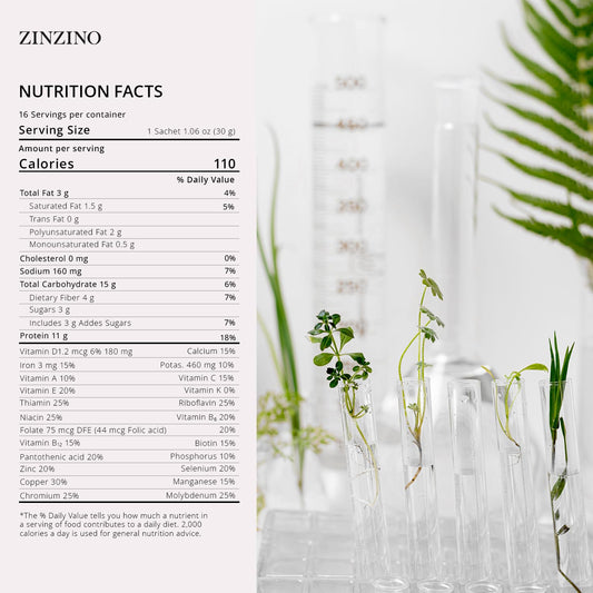 ZINZINO LeanShake Vanilla scoop beside powder, measuring servings for easy daily protein.