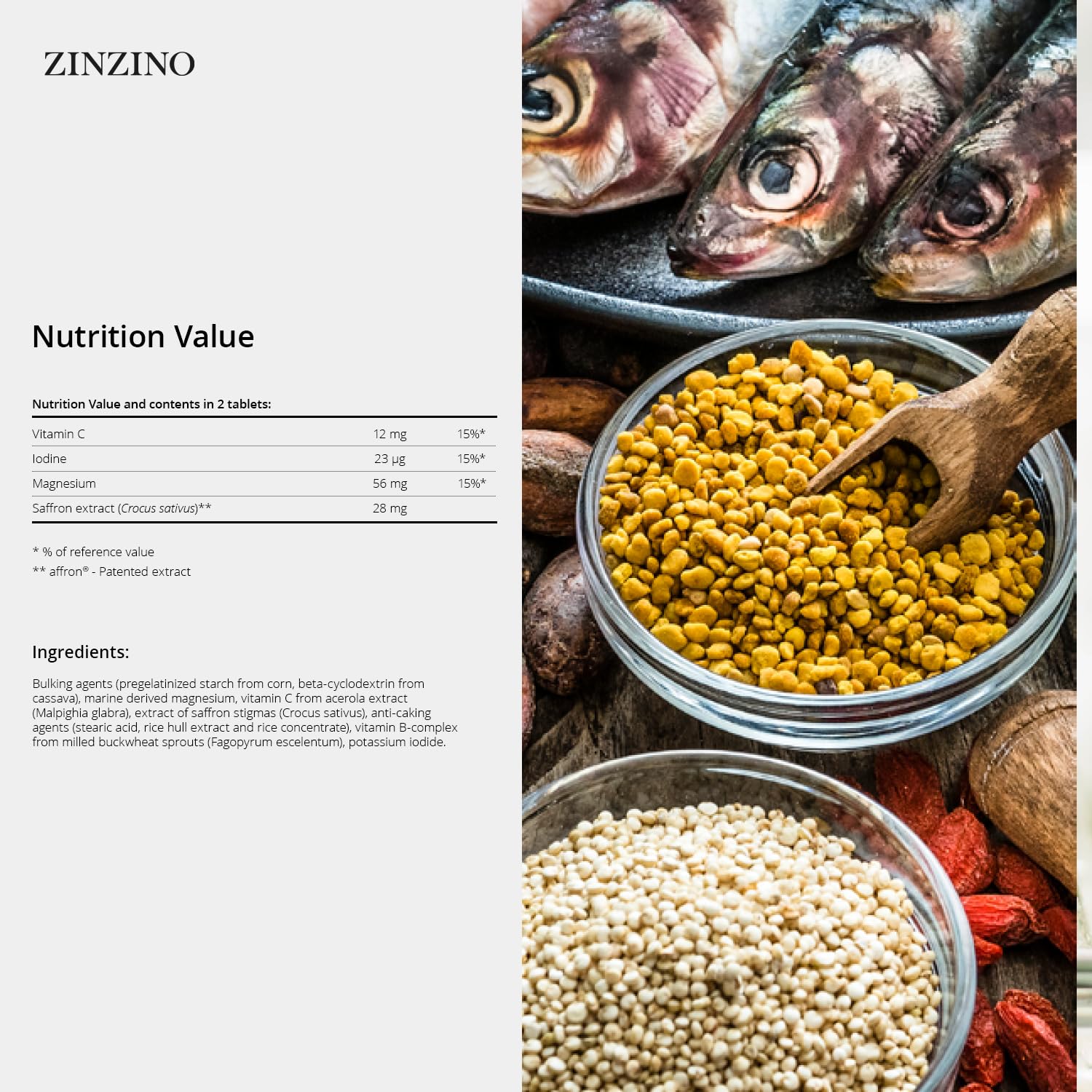 ZINZINO Viva Plus label close-up showing iodine and vitamin highlights.