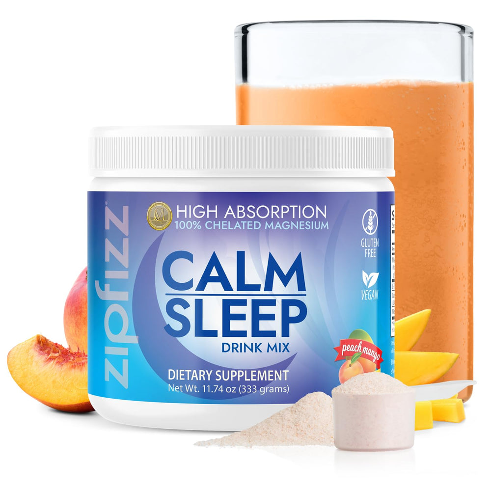 Zipfizz Nightly Calm tub-front packaging promotes relaxed mood before bed.